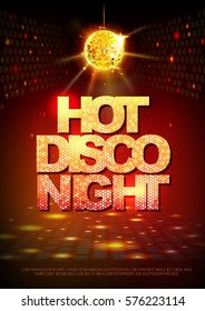 Disco ball background. Disco poster hot night. Neon