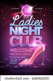 Disco ball background. Disco poster ladies night club. Womens day party