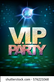 Disco ball background. Disco poster V.I.P. party. Neon
