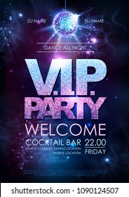 Disco ball background. Disco V.I.P. party poster on open space background