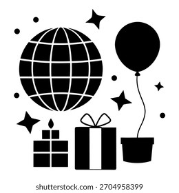 Disco ball balloons gift boxes and confetti silhouette  vector on white background 