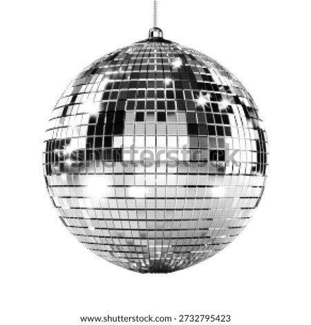 Disco ball in black and white halftone style. Classic mirrored sphere with reflective tiles, retro party symbol for music, dance, nightlife, celebration, or vintage graphic design.