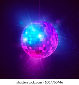 Disco ball with bright rays and bokeh. Music and dance night party background. Abstract night club retro background 80s and 90s. Vector illustration