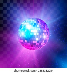 Disco ball with bright rays and bokeh. Music and dance night party background. Abstract night club retro background 80s. Vector illustration