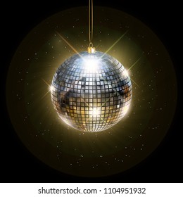 Disco ball with bright rays, color toned night party background. Vector illustration