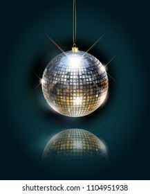 Disco ball with bright rays, color toned night party background. Vector illustration