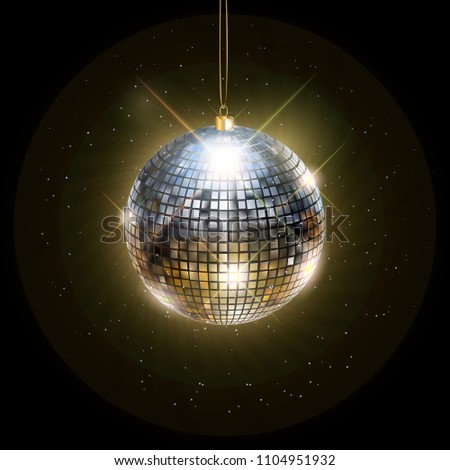 Disco ball with bright rays, color toned night party background. Vector illustration