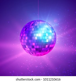 Disco ball with bright rays. Music and dance night party background. Abstract night club retro background 80s and 90s. Vector illustration on dark background