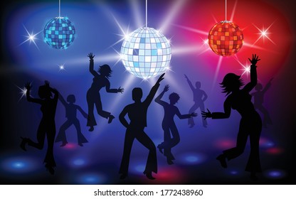 Disco ball with bright rays Soul , Party Time. Dancers 