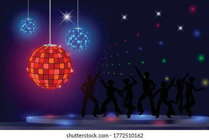 Disco ball with bright rays Soul , Party Time. Dancers 