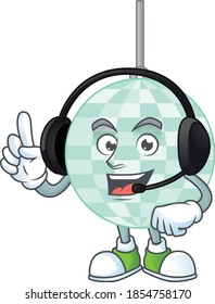 Disco ball cartoon character style speaking with friends on headphone. Vector illustration