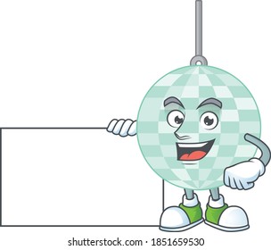 Disco ball cartoon drawing Thumbs up holding a white board. Vector illustration
