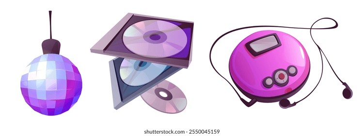 Disco ball e CD player isolados no fundo branco. Ilustração de desenho animado vetorial de acessório de espelho redondo para festa em discoteca, coleção de discos compactos em caixas, fones de ouvido para ouvir música