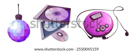 Disco ball and CD player isolated on white background. Vector cartoon illustration of round mirror accessory for nightclub party, collection of compact discs in boxes, earphones for listening music