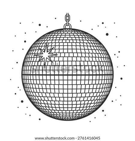 Disco ball with chain and star reflection, shiny surface, nightclub decoration