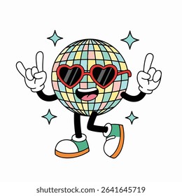  A disco ball character wearing sunglasses and a heart, radiating a fun and vibrant atmosphere.