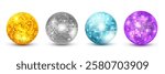Disco ball colorful gold silver blue reflective party decoration. Vibrant spherical mirror glitter dance retro ball.