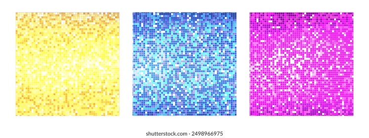 Disco ball colorful patterns collection. Purple, yellow and blue square mosaic backdrops. Set of night club pink blue and gold backgrounds with mirror foil texture. Vector illustration