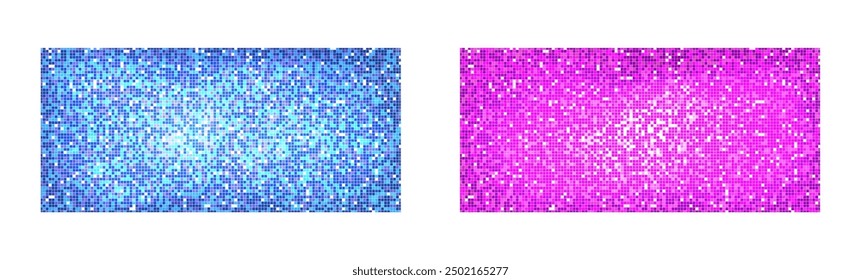 Disco ball colorful patterns collection. Purple and blue square mosaic backdrops. Set of night club pink and blue backgrounds with mirror foil texture. Vector illustration of abstract wallpaper.