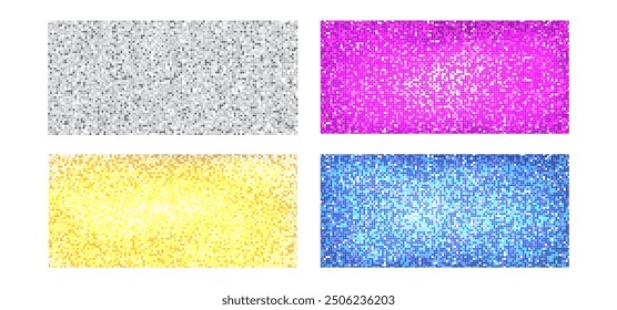 Disco ball colorful patterns collection. Purple, yellow and blue square mosaic backdrops. Set of night club pink blue and gold backgrounds with mirror foil texture. Vector illustration.