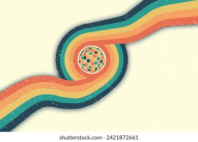 Disco ball and colorful ribbons. Groovy colors. Template for postcard, poster, banner. Clockwork elements in retro hippie style of 70s.