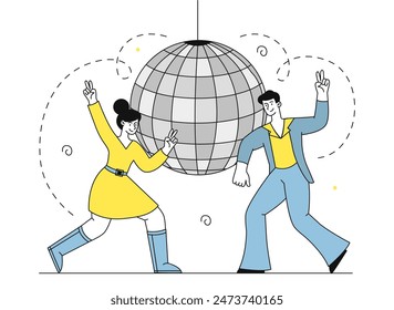 Concepto de bola de disco. Hombre y mujer bailan en la fiesta. Entretenimiento, diversión y ocio. Vida nocturna y discoteca. Personas en fiesta y evento. Ilustración vectorial plana lineal aislada sobre fondo blanco