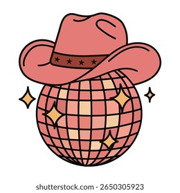 Disco ball with cowboy and cowgirl hats in western style, illuminated by shiny lights, for a retro party or country music festival, or a wild west themed event.