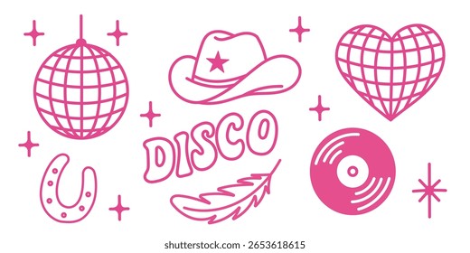 Disco ball with cowboy and cowgirl hats in western style, illuminated by shiny lights, for a retro party or country music festival, or a wild west themed event.