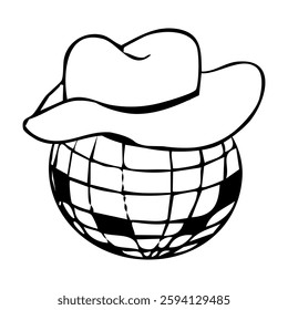 Disco ball with cowgirl party hat doodle line tattoo y2k coquette trendy groovy decoration. Retro dance line hand drawn design elements. Disco ball with stars, sketch. Vector illustration
