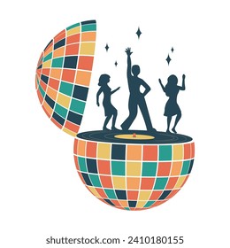 Disco ball and dancing. Groovy. Clockwork elements in retro hippie style of the 70s.