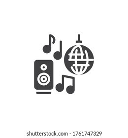 Disco ball and dj speaker vector icon. Party music filled flat sign for mobile concept and web design. Mirror ball and audio speaker glyph icon. Symbol, logo illustration. Vector graphics