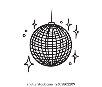 disco ball doodle hand drawn icon. Outline drawing disco ball for party line clipart symbol. Vector illustration