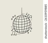 Disco Ball Doodle Line Icon with Music Notes. Mirror Dance Celebration Discoball. Sketch Vector Illustration