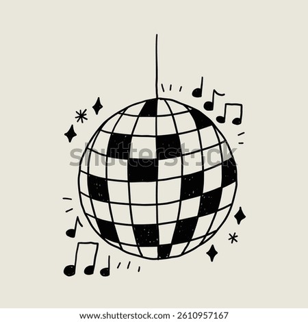 Disco Ball Doodle Line Icon with Simple Music Notes. Mirror Dance Celebration Discoball. Sketch Vector Illustration