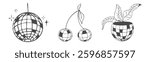 Disco ball doodle line tattoo y2k coquette trendy groovy decoration set. Retro dance party line hand drawn design elements. Disco ball, flower pot, vinyl with stars, sketch. Vector illustration