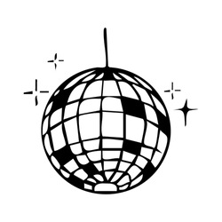 Disco ball doodle line tattoo y2k coquette trendy groovy decoration. Retro dance party line hand drawn design elements. Disco ball with stars, sketch. Vector illustration