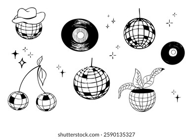 Disco ball doodle line tattoo y2k coquette trendy groovy decoration. Retro dance party line hand drawn design elements. Disco ball with stars, sketch. Vector illustration