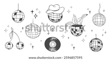 Disco ball doodle line tattoo y2k coquette trendy groovy decoration set. Retro dance party line hand drawn design elements. Disco ball, flower pot, vinyl with stars, sketch. Vector illustration