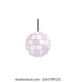 Disco ball flat icon. Symbol music night dance club of 70s. Shiny hanging mirror sphere. Retro disco party decoration. Vector cartoon illustration isolated on white background. Festive party design