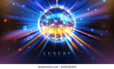 Disco ball with glitter light effect in dark scene with bokeh elements. Luxury style black background design about celebrations and award ceremony or night dance party.