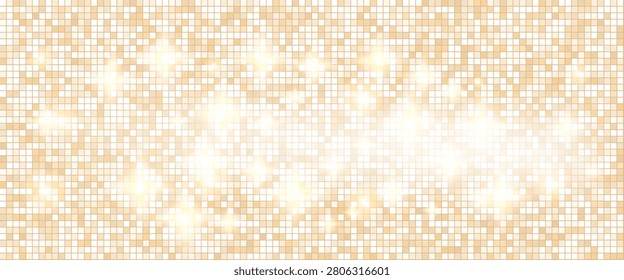 Disco ball glow with gold sparkle for event invite. Golden disco mosaic in warm light by a sequin ball texture. Vector dance beige background with abstract shimmer and Christmas party vibe.