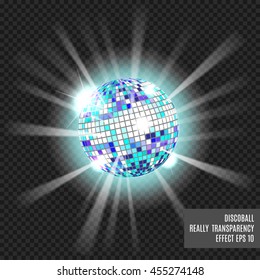 Disco ball with glow. Really  transparency effect. Disco background. Template for your design. Blue