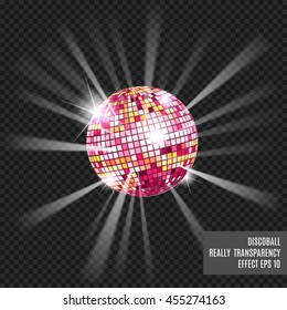 Disco ball with glow. Really  transparency effect. Disco background. Template for your design. Pink.