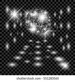 Disco ball with glow. Really transparency effect. Disco background. Template for your design.