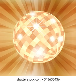 Disco ball gold abstract vector background with burst rays