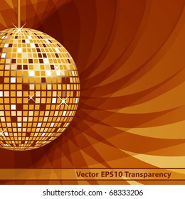 Disco ball in gold with sparkles set on an elegant abstract background. Raster also available.
