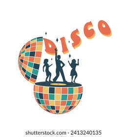 Discoteca y bola. Groovy. Baile de relojería. Elementos de contracción en estilo hippie retro de los años 70.