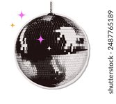 Disco ball halftone collage element. Vector Silver disco ball on a transparent background. Abstract dotted torn out paper party globe.