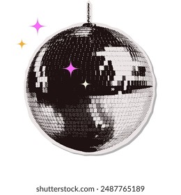 Disco ball halftone collage element. Vector Silver disco ball on a transparent background. Abstract dotted torn out paper party globe.
