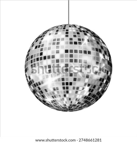 Disco ball in halftone style hanging from ceiling. Retro party symbol with mirrored surface reflecting light. Monochrome illustration isolated on white, nightlife and celebration concept.